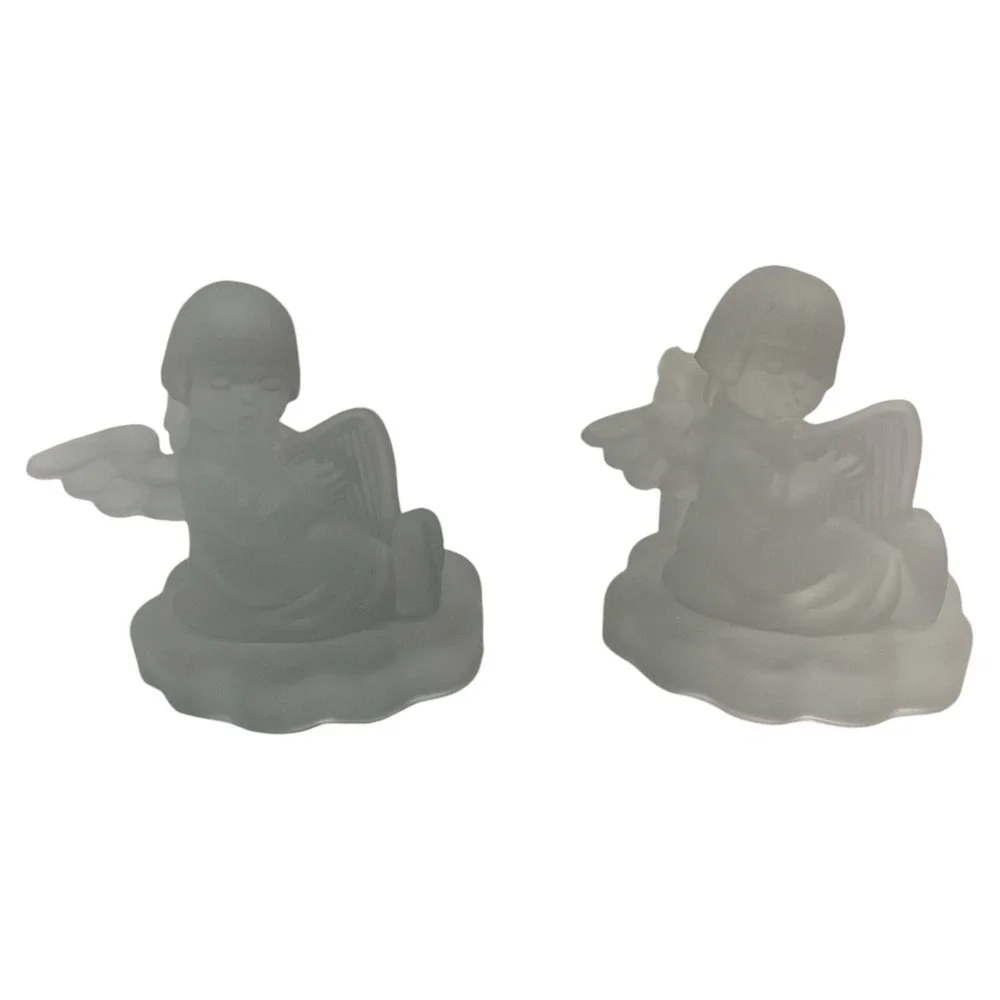 1995 Avon 24% Lead Crystal M.I Hummel Frosted Candlesticks  Angels Cherubs Harps